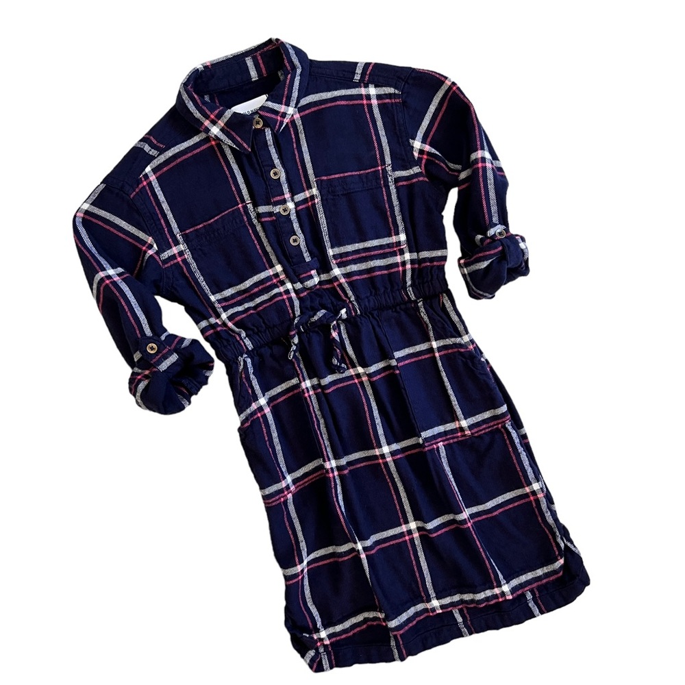 OLD NAVY Kids Blue Pink Plaid Dress Cotton Blend 3/4 Sleeve Sz S (6-7)